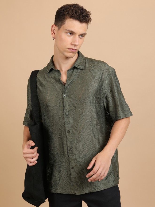 Buy Highlander Olive Self Design Oversized Fit Casual Shirt for Men ...