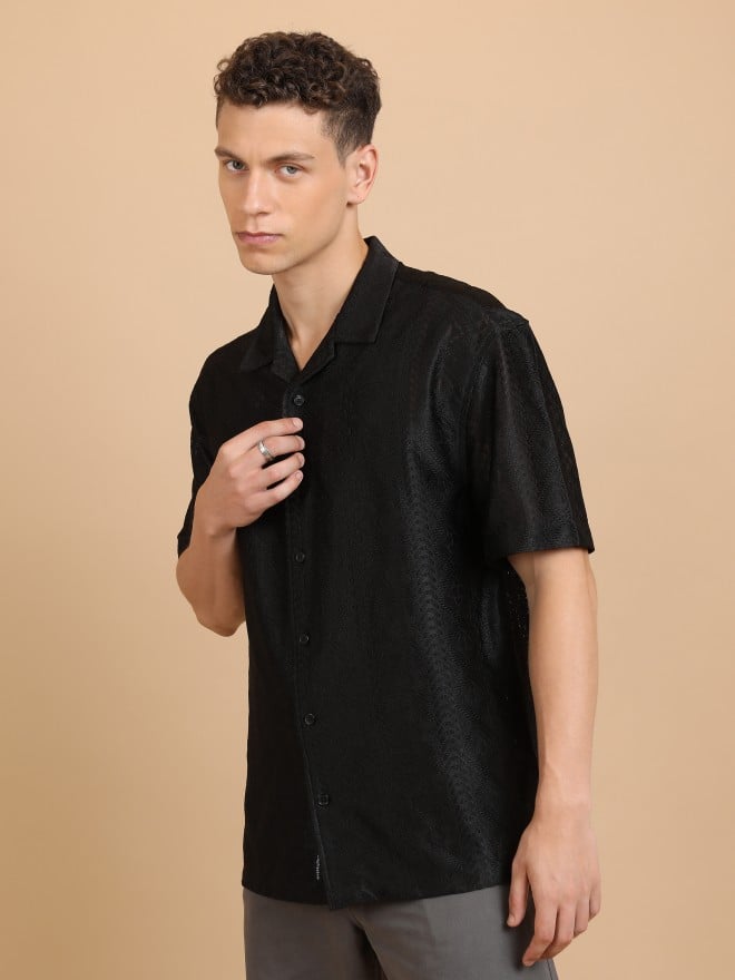 Highlander Men Black Self Design Oversized Fit Casual Shirts 