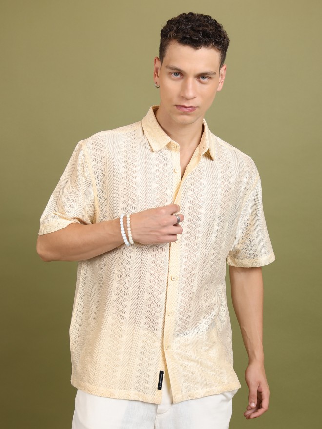 Highlander Men Cream Self Design Oversized Fit Casual Shirts 