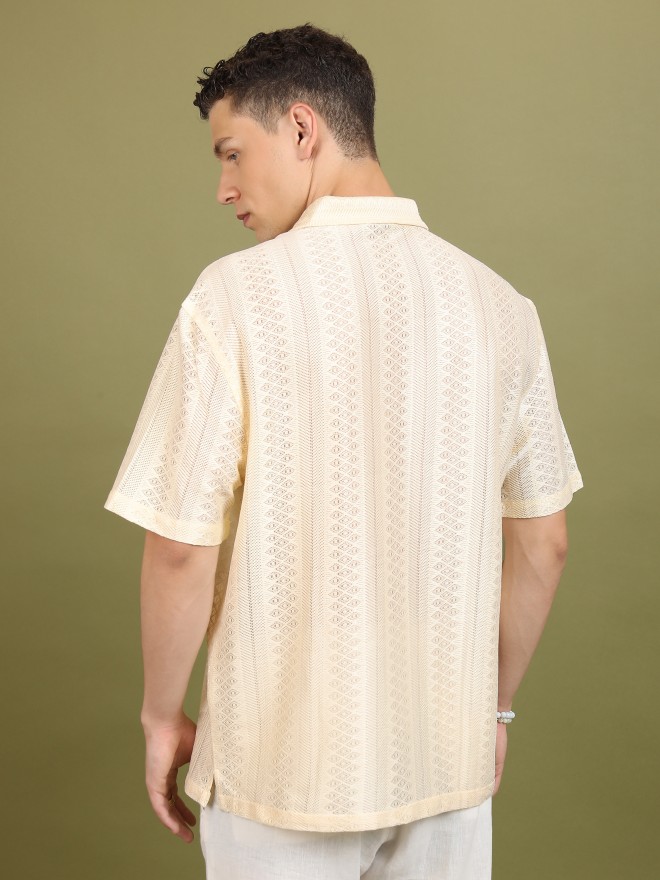 Highlander Men Cream Self Design Oversized Fit Casual Shirts 