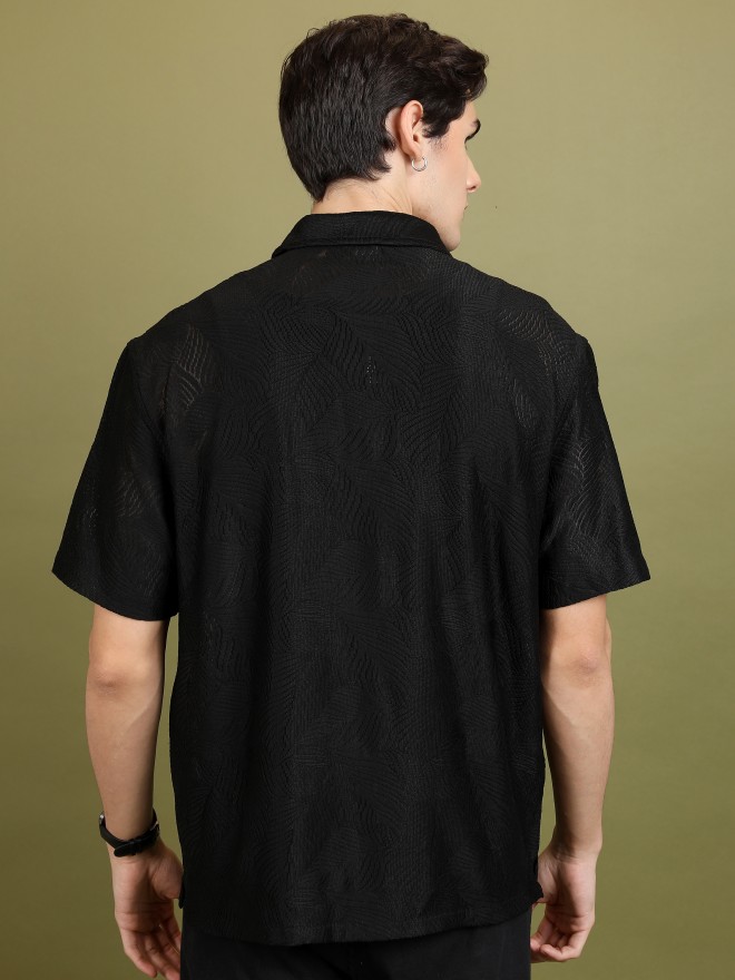 Highlander Men Black Self Design Oversized Fit Casual Shirts 