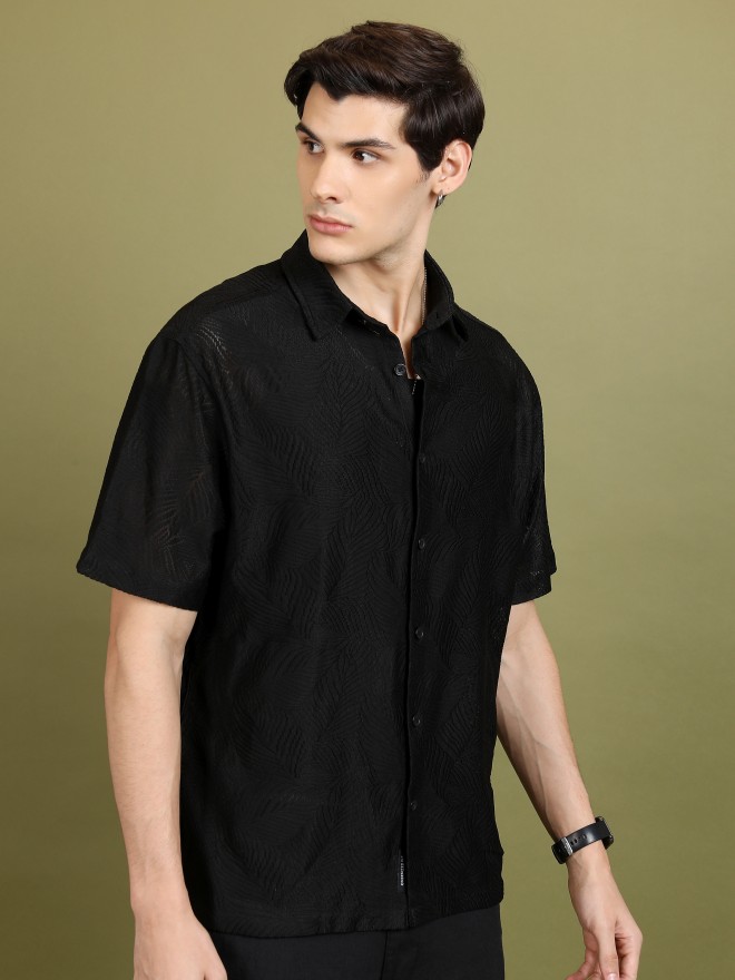 Highlander Men Black Self Design Oversized Fit Casual Shirts 