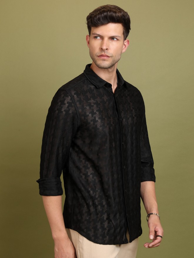 Highlander Men Black Self Design Oversized Fit Casual Shirts 