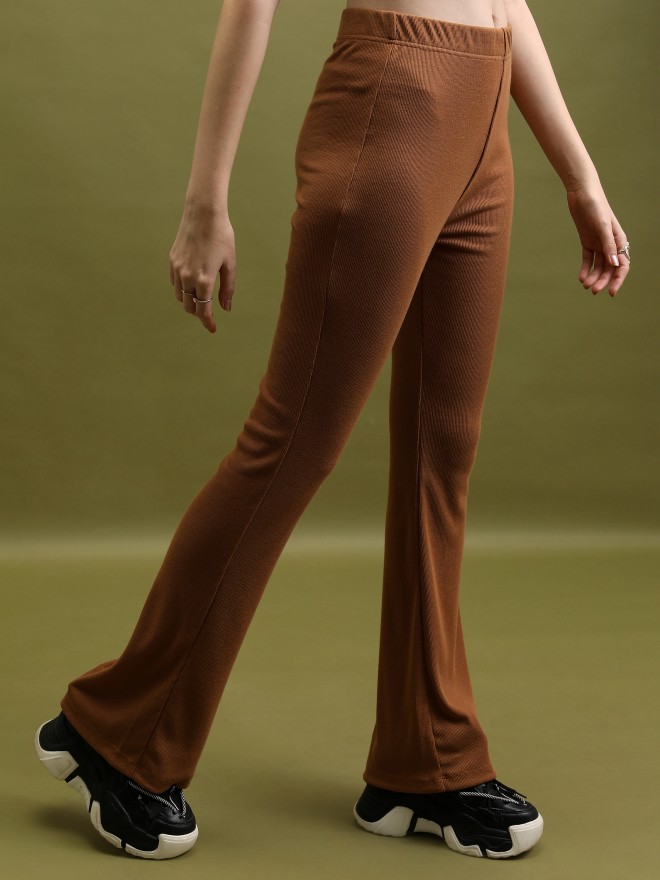 Tokyo Talkies Women Brown Solid Flared Casual Trousers 