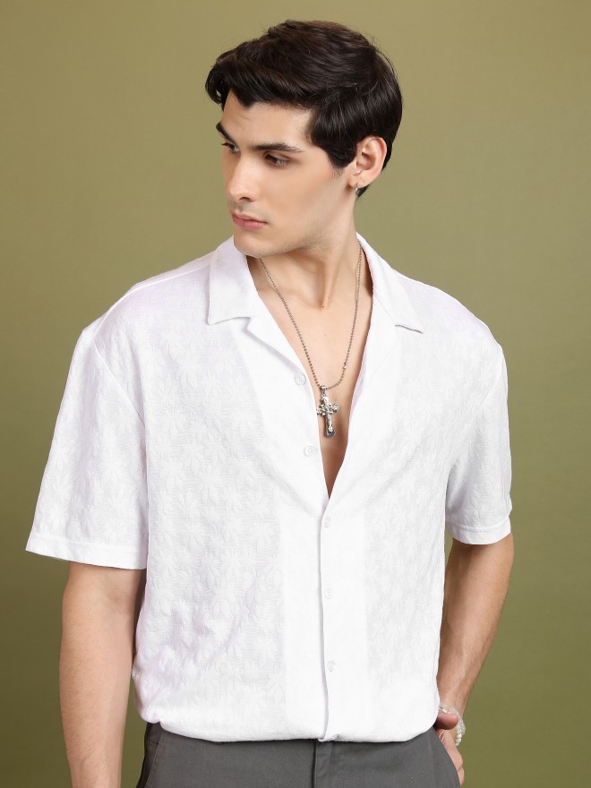 Highlander Men White Self Design Oversized Fit Casual Shirts 