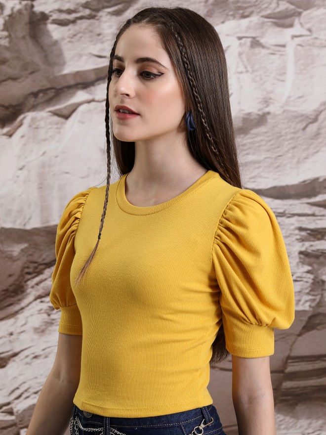 Tokyo Talkies Women Mustard Solid Fitted Tops 