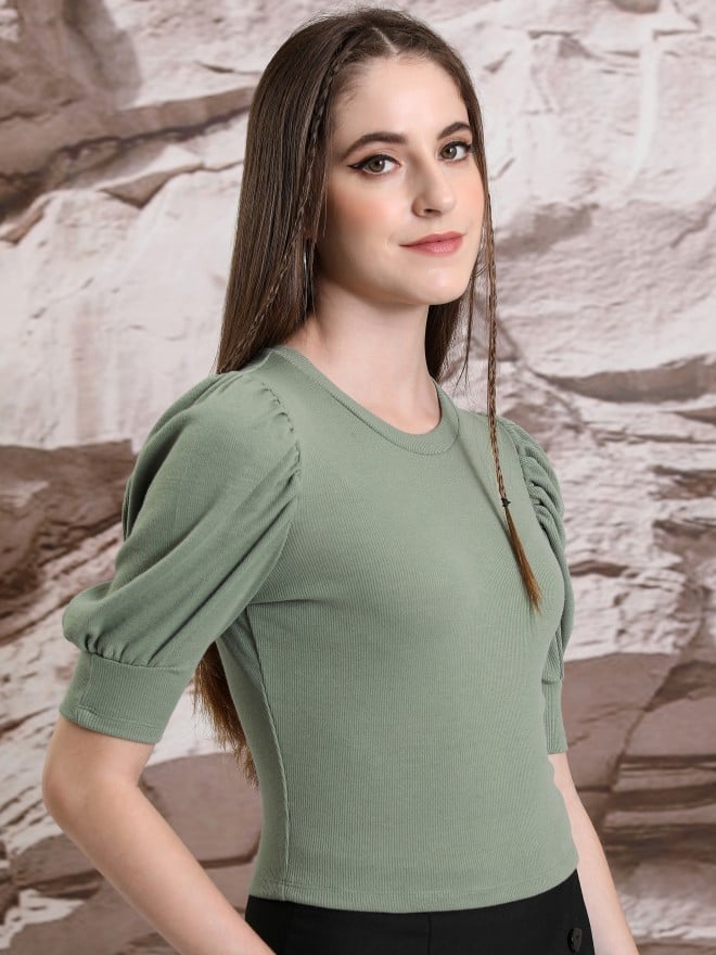 Tokyo Talkies Women Olive Solid Fitted Tops 