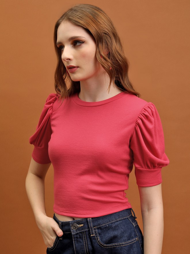 Tokyo Talkies Women Red Solid Fitted Tops 