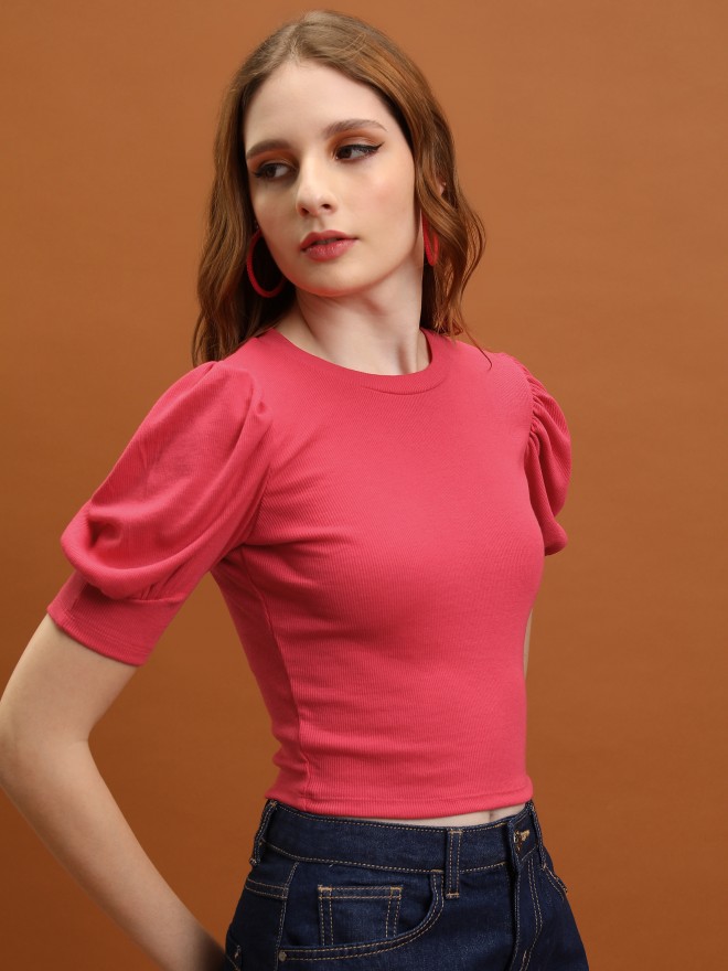 Tokyo Talkies Women Red Solid Fitted Tops 