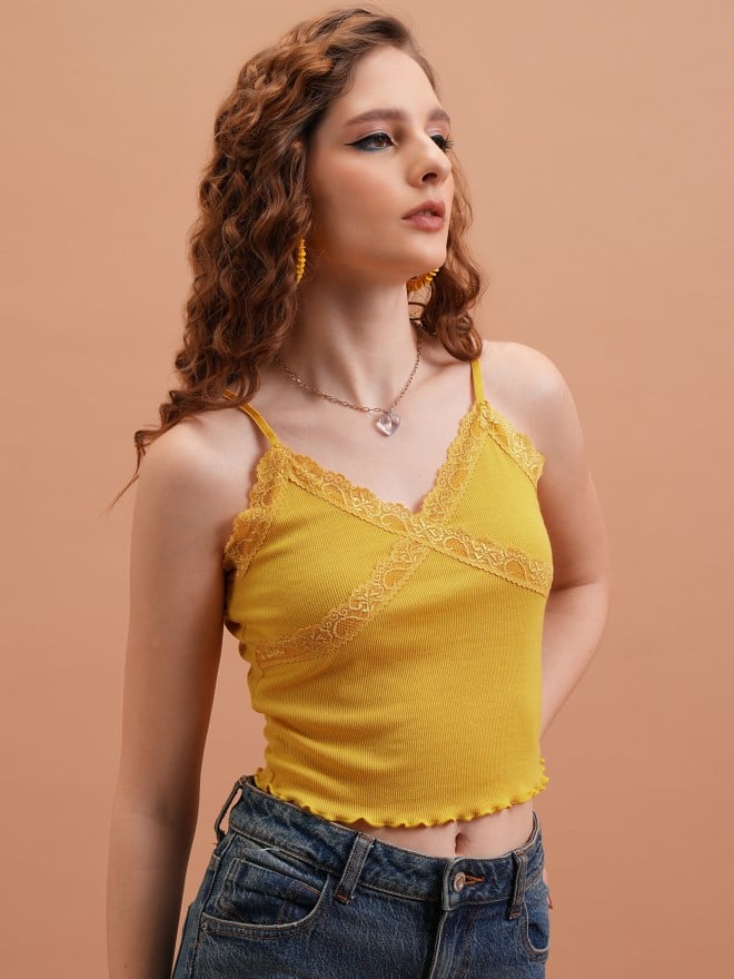 Tokyo Talkies Women Mustard Solid Fitted Tops 