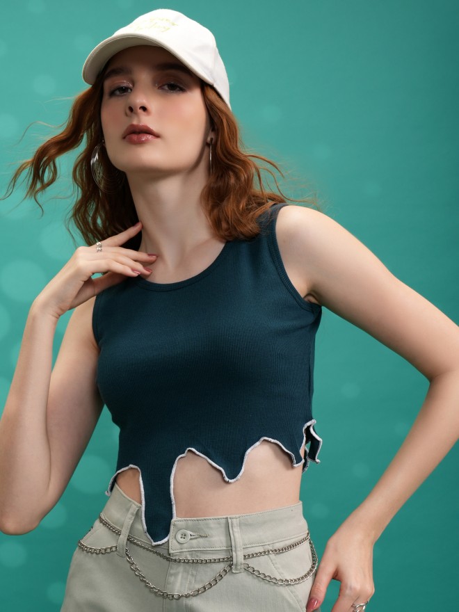 Tokyo Talkies Women Green Solid Fitted Tops 