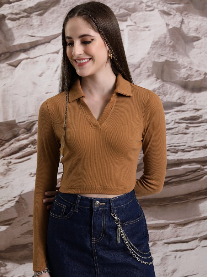 Tokyo Talkies Women Brown Solid Fitted Tops 