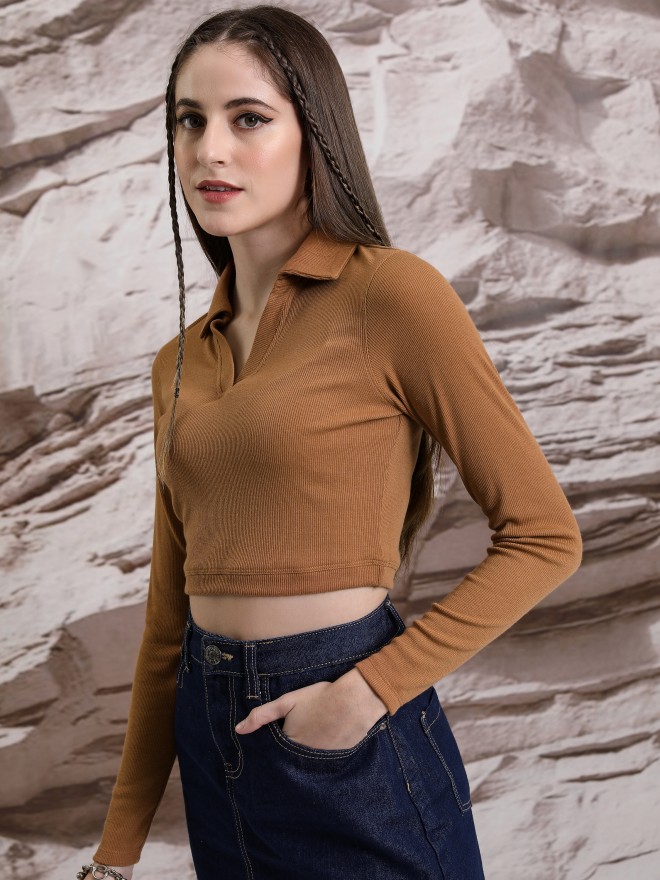 Tokyo Talkies Women Brown Solid Fitted Tops 