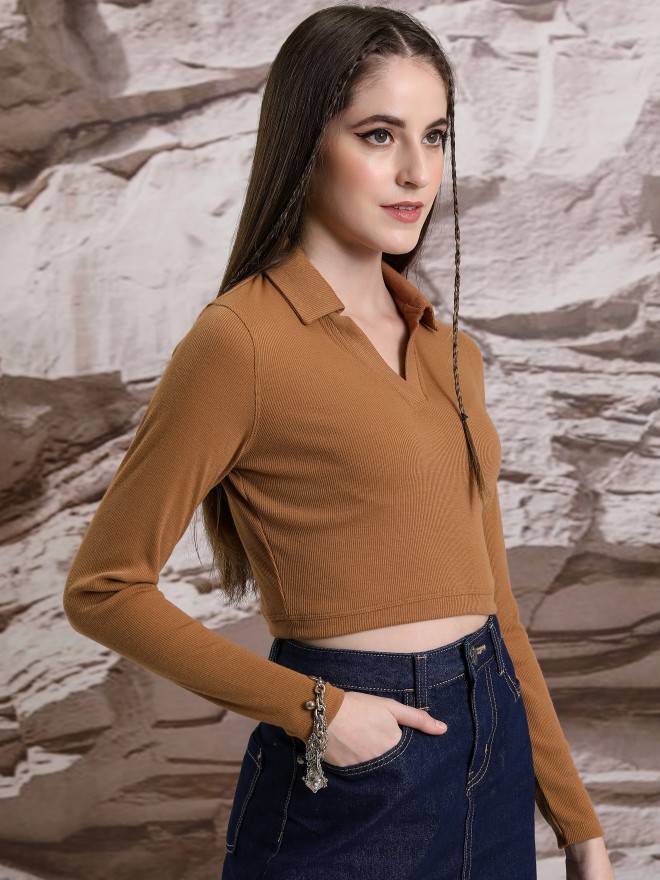 Tokyo Talkies Women Brown Solid Fitted Tops 