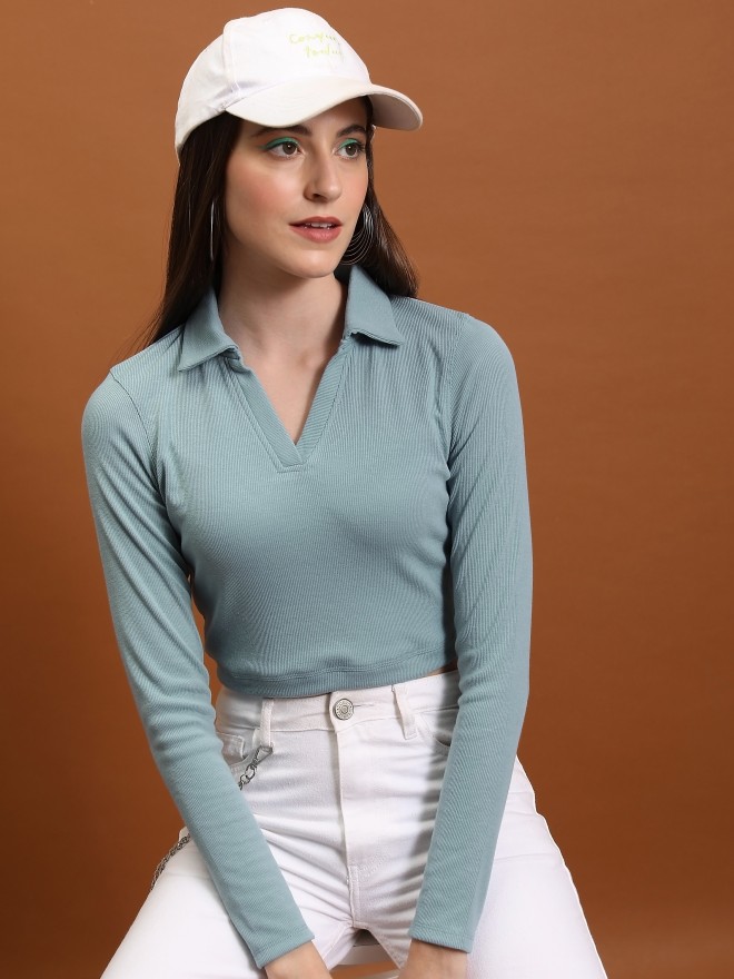 Tokyo Talkies Women Blue Solid Fitted Tops 