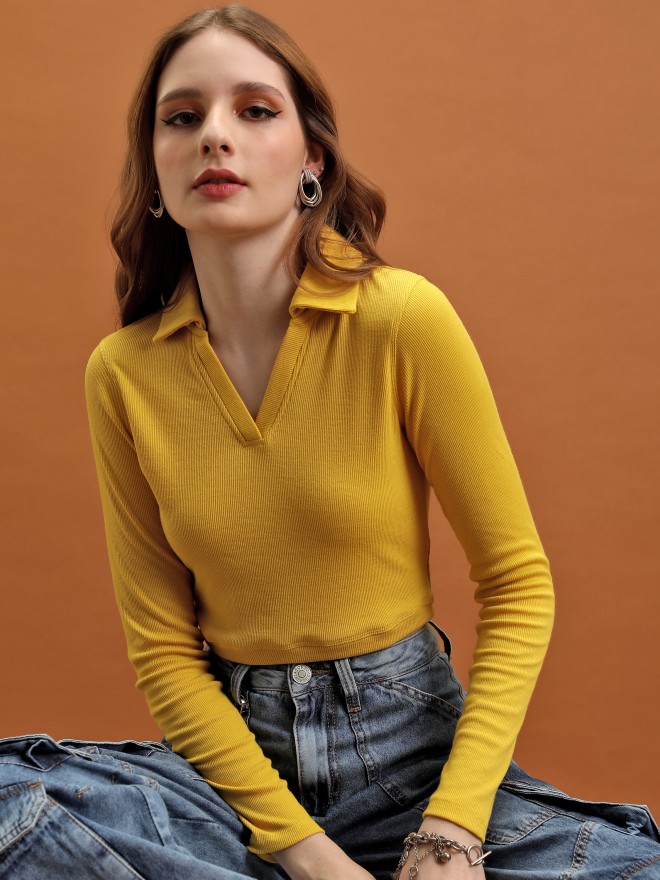 Tokyo Talkies Women Mustard Solid Fitted Tops 