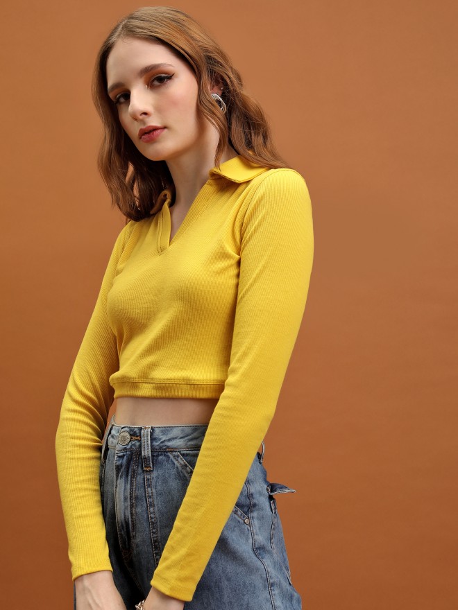 Tokyo Talkies Women Mustard Solid Fitted Tops 