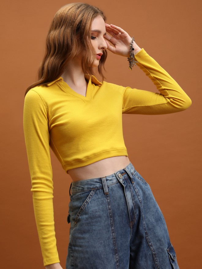 Tokyo Talkies Women Mustard Solid Fitted Tops 