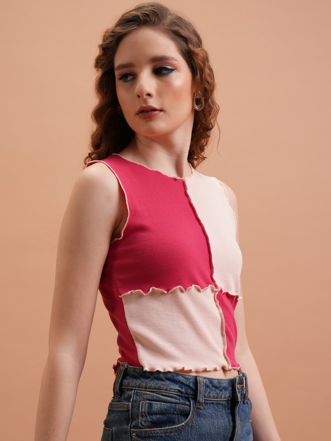 Tokyo Talkies Women Pink Solid Fitted Tops 