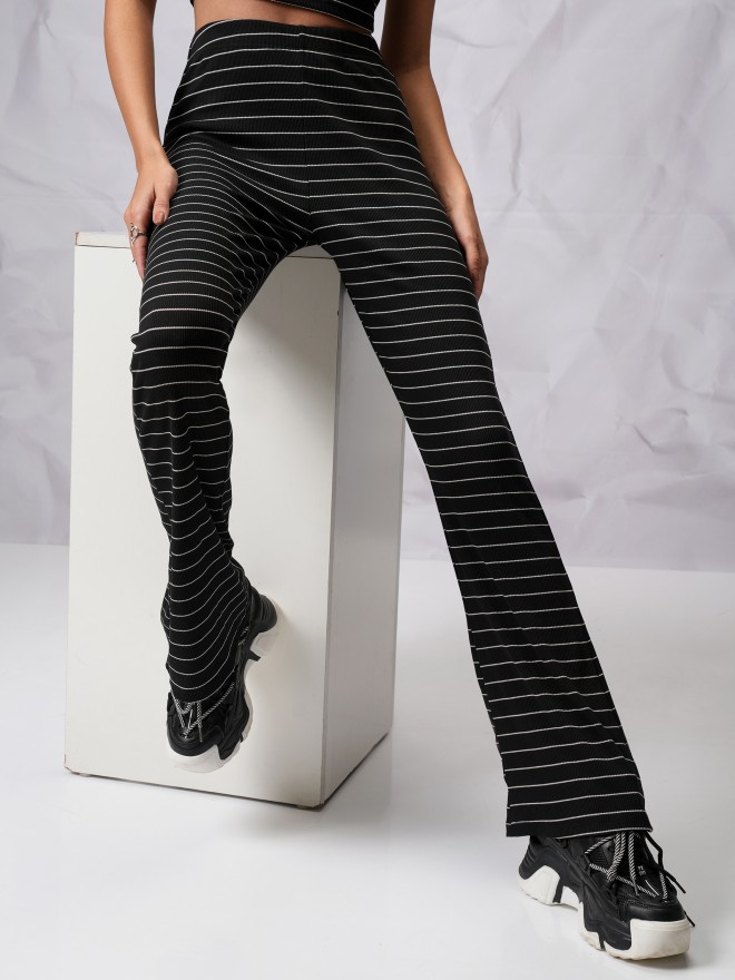 Tokyo Talkies Women Black Striped Flared Casual Trousers 