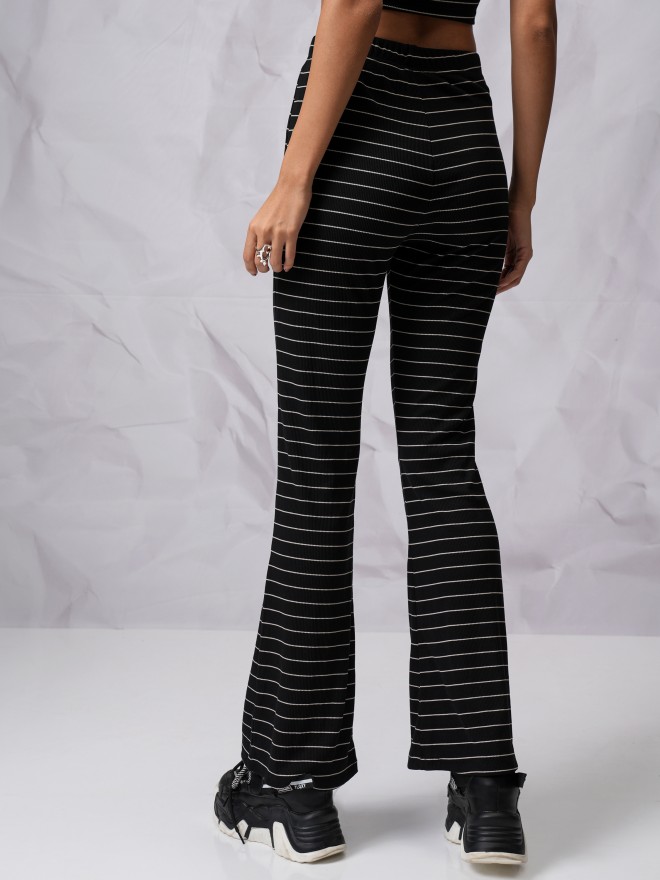 Tokyo Talkies Women Black Striped Flared Casual Trousers 