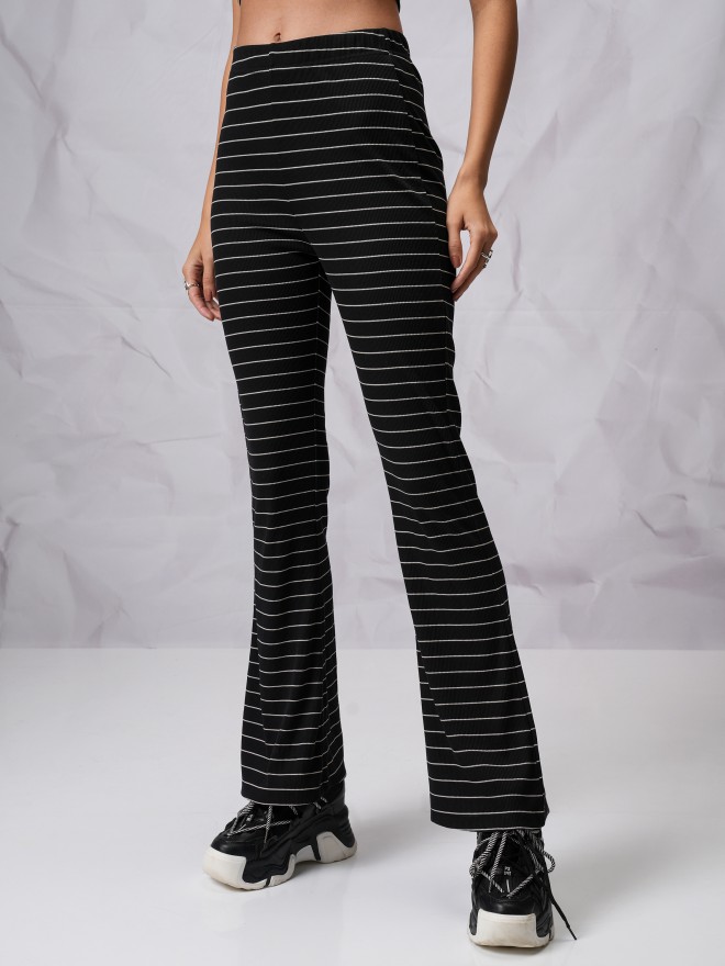 Tokyo Talkies Women Black Striped Flared Casual Trousers 