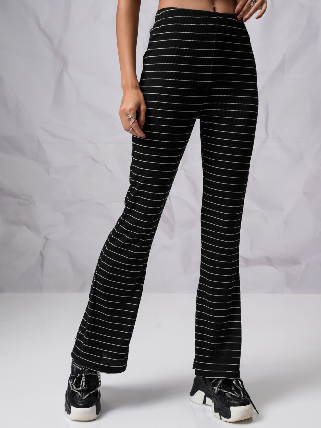 Tokyo Talkies Women Black Striped Flared Casual Trousers 