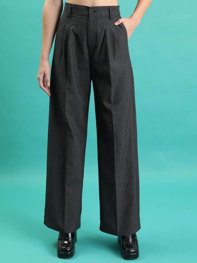 Tokyo Talkies Women Charcoal Solid Wide Leg Casual Trousers 