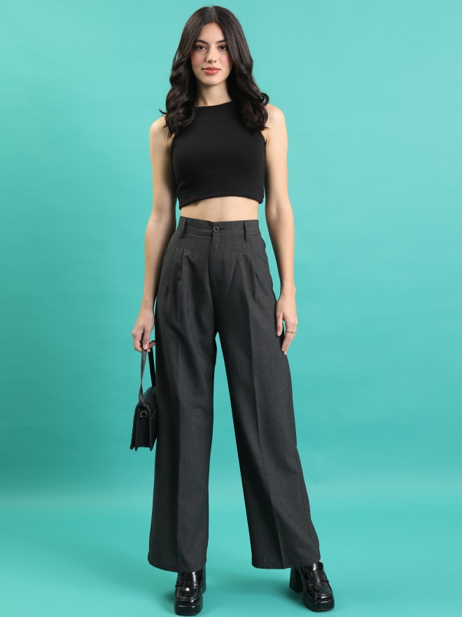 Tokyo Talkies Women Charcoal Solid Wide Leg Casual Trousers 