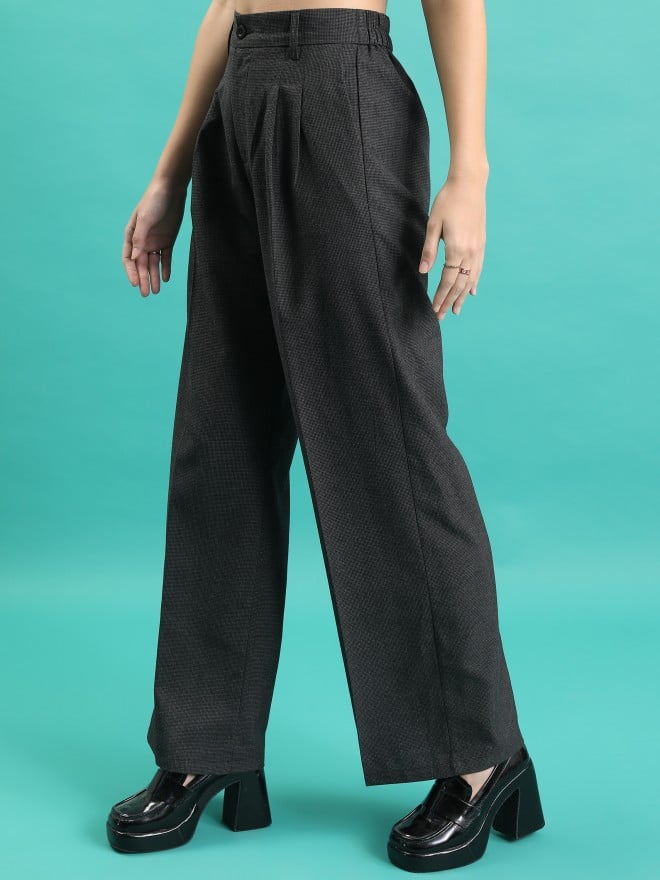 Tokyo Talkies Women Charcoal Solid Wide Leg Casual Trousers 