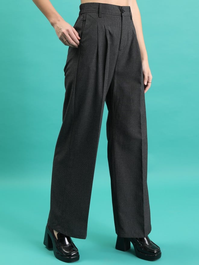 Tokyo Talkies Women Charcoal Solid Wide Leg Casual Trousers 