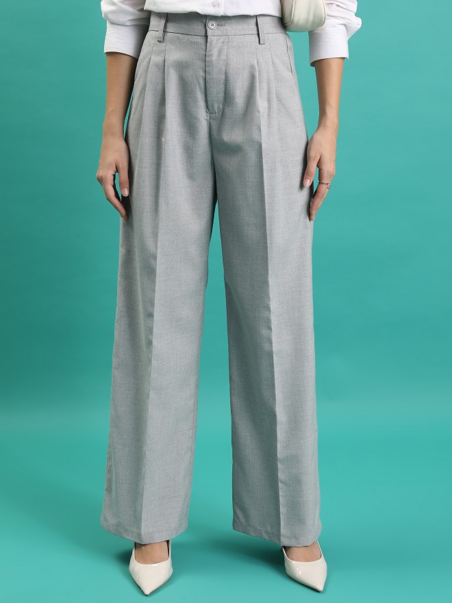 Tokyo Talkies Women Grey Solid Wide Leg Casual Trousers 