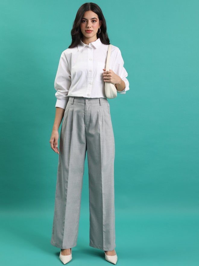 Tokyo Talkies Women Grey Solid Wide Leg Casual Trousers 