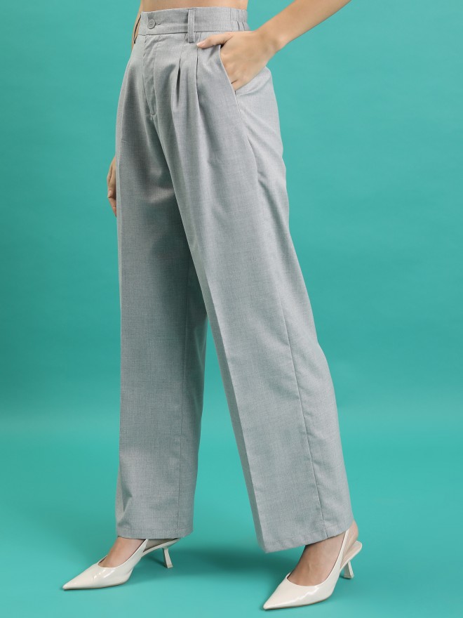 Tokyo Talkies Women Grey Solid Wide Leg Casual Trousers 