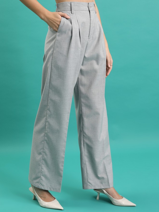 Tokyo Talkies Women Grey Solid Wide Leg Casual Trousers 