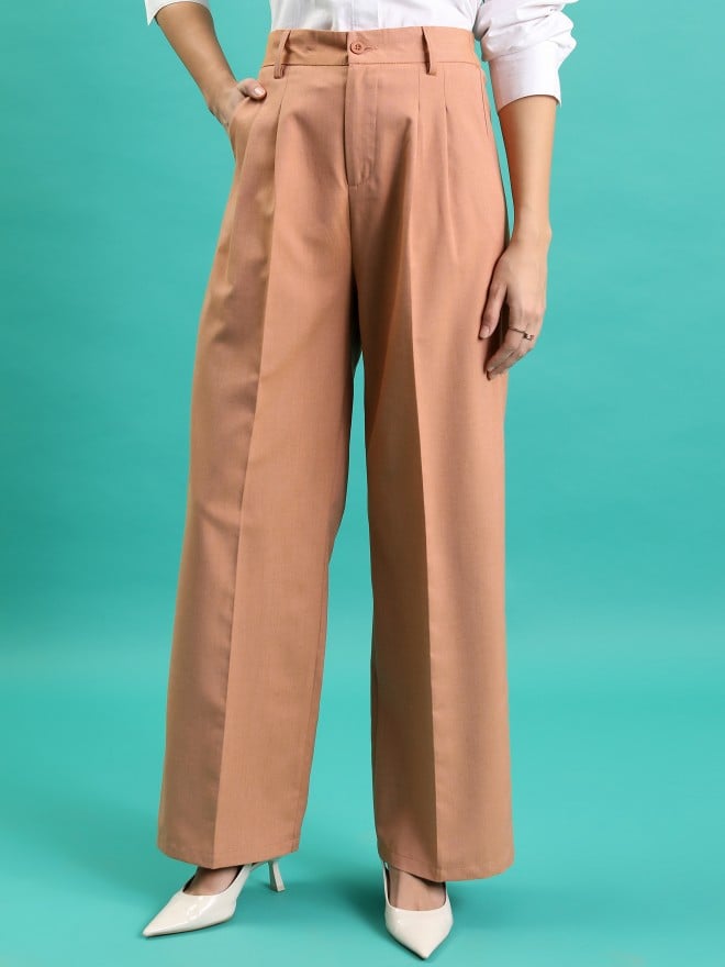 Tokyo Talkies Women Brown Solid Wide Leg Casual Trousers 