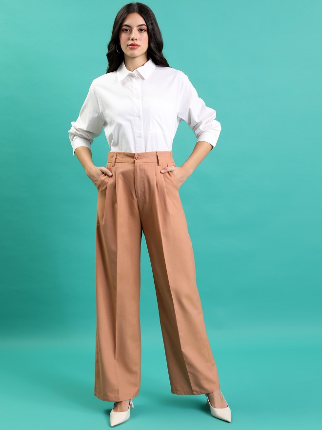 Tokyo Talkies Women Brown Solid Wide Leg Casual Trousers 