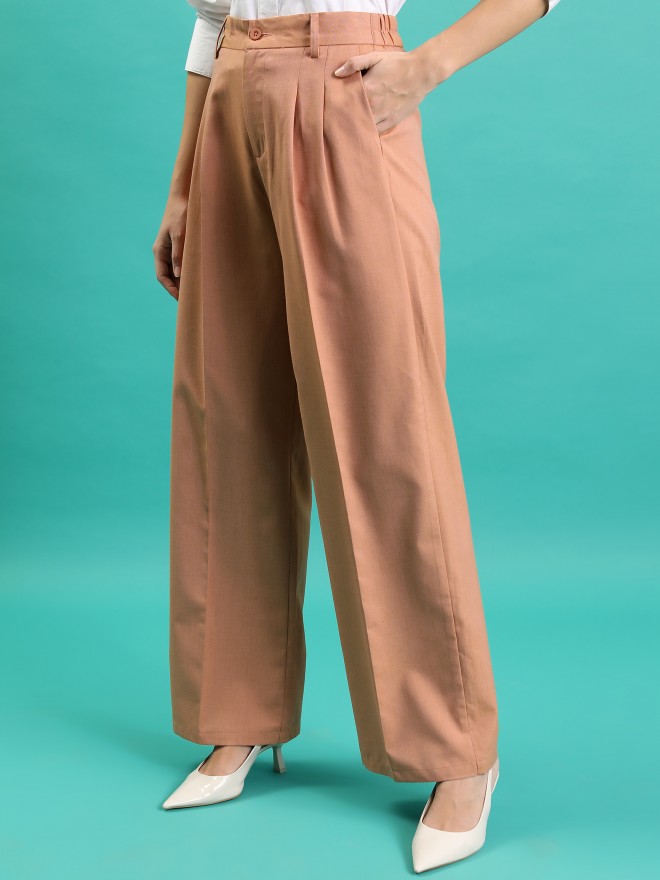 Tokyo Talkies Women Brown Solid Wide Leg Casual Trousers 