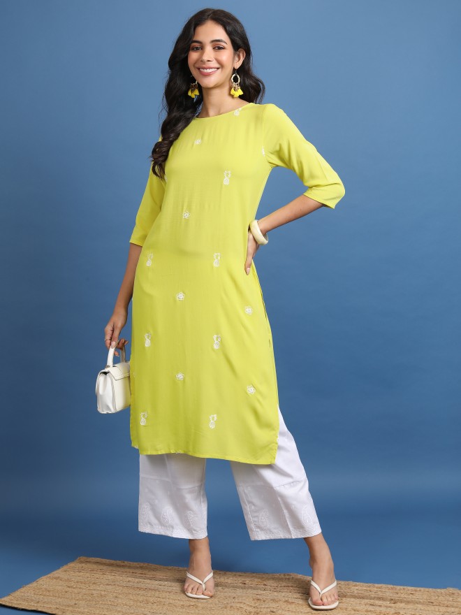 Vishudh Women Yellow Woven Design Straight Kurtas 