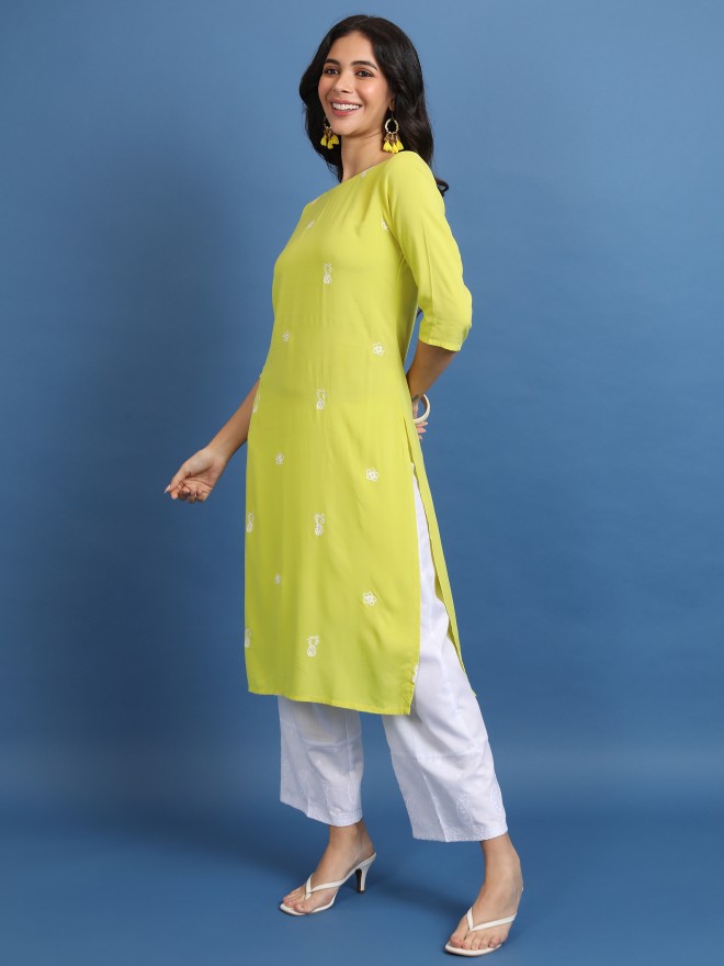 Vishudh Women Yellow Woven Design Straight Kurtas 