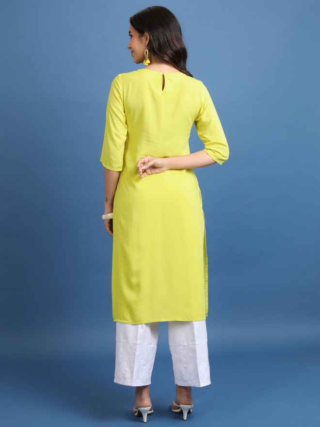 Vishudh Women Yellow Woven Design Straight Kurtas 