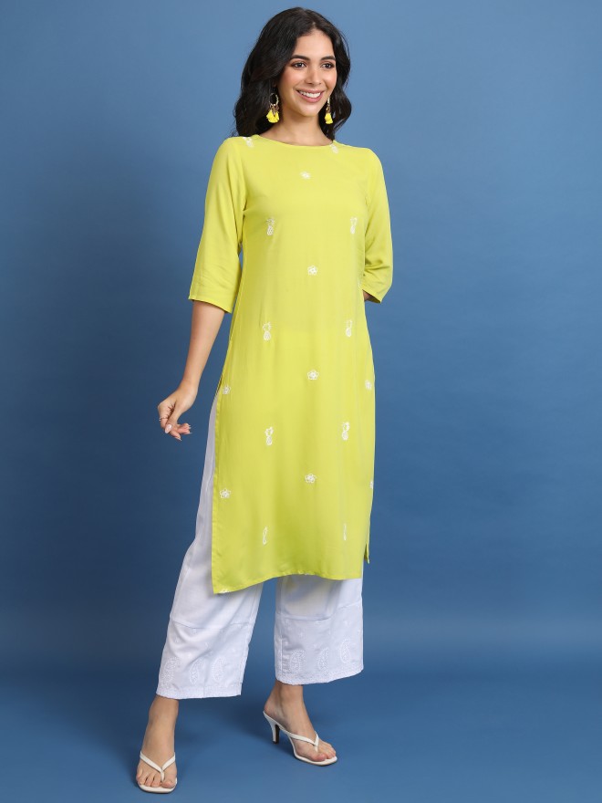 Vishudh Women Yellow Woven Design Straight Kurtas 