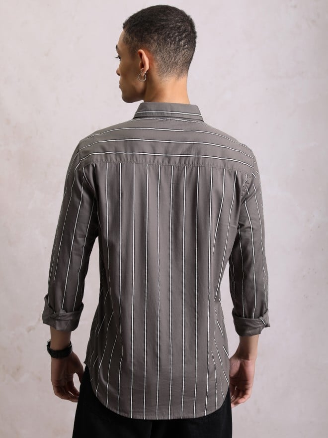 Highlander Men Grey Striped Slim Fit Casual Shirts 