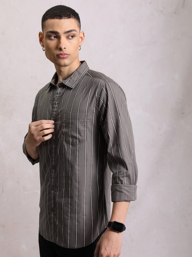 Highlander Men Grey Striped Slim Fit Casual Shirts 