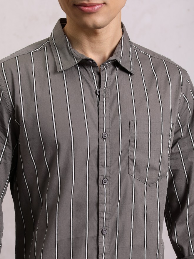 Highlander Men Grey Striped Slim Fit Casual Shirts 