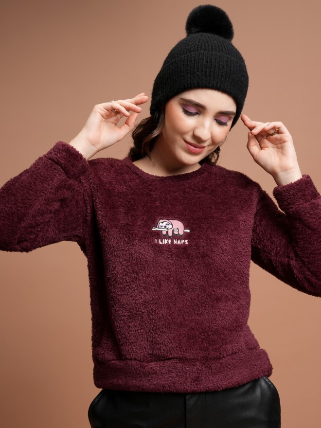 Tokyo Talkies Women Maroon Self Design Pullover Round Neck Sweatshirts 