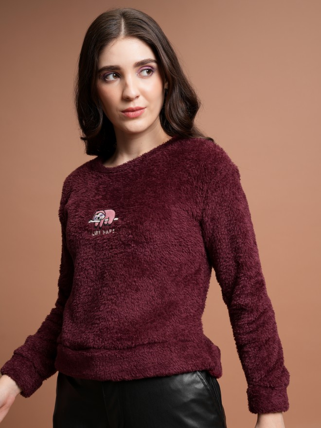 Tokyo Talkies Women Maroon Self Design Pullover Round Neck Sweatshirts 