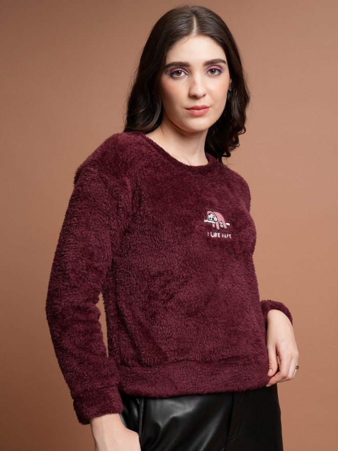 Tokyo Talkies Women Maroon Self Design Pullover Round Neck Sweatshirts 