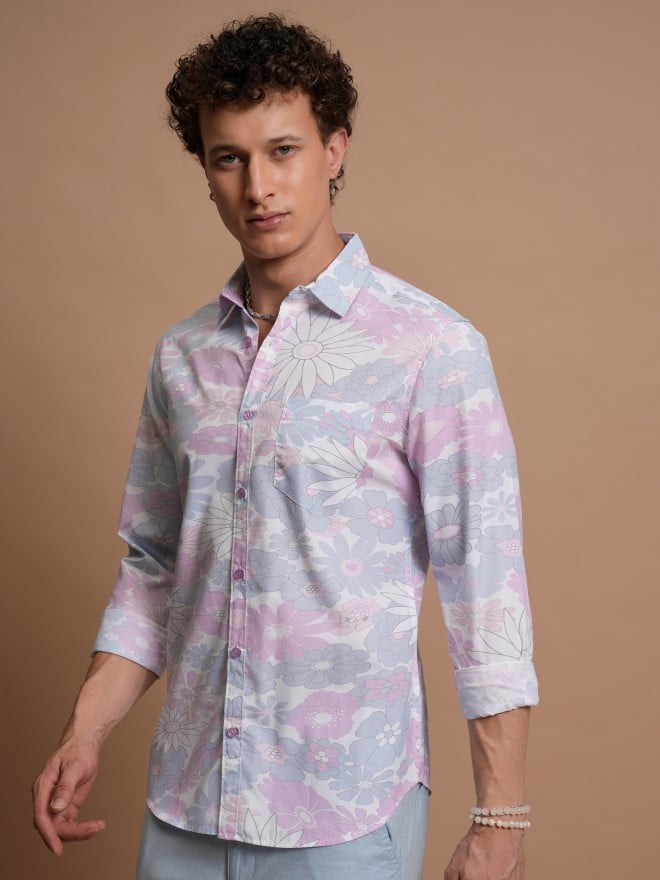 Highlander Men Lavender Printed Slim Fit Casual Shirts 