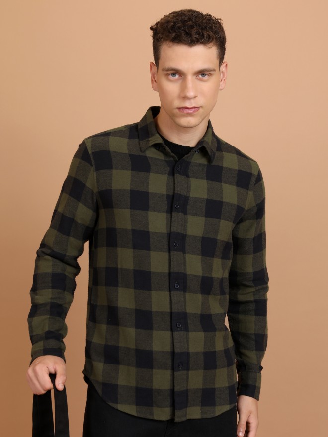 Buy Highlander Flannel Green/Black Checked Regular Fit Casual Shirt for ...